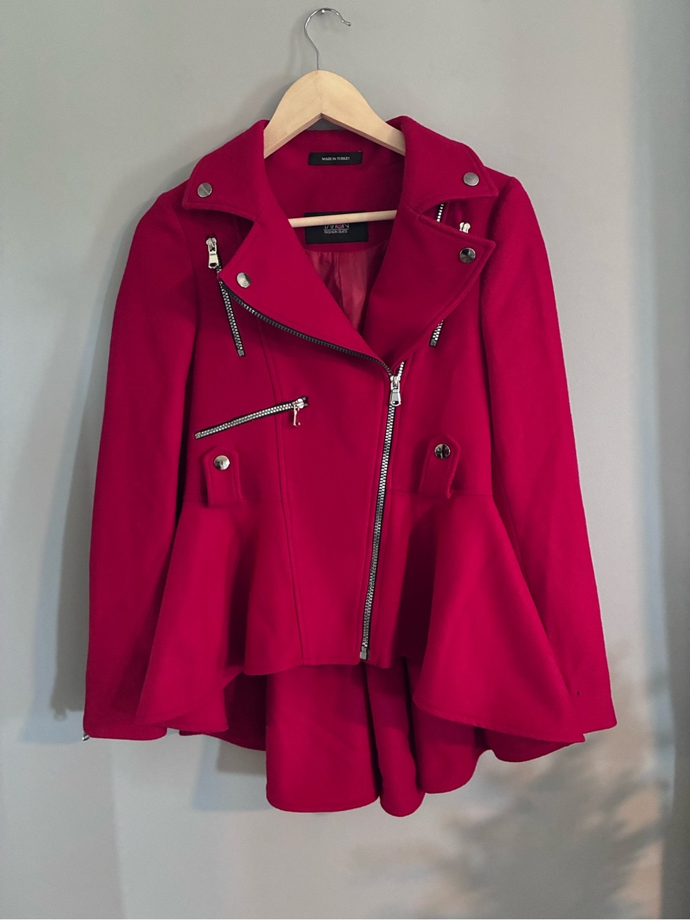Tayion Red Wool Moto Peplum Jacket Size Extra Small